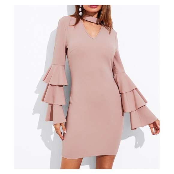 Dusty Pink Tiered Long Sleeve Bodycon Choker Dress - Picture 2 of 5